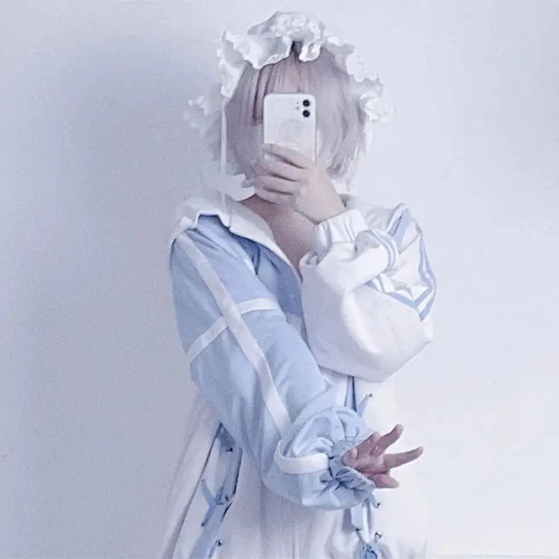 Girls Stitch Woman Clothing Subculture Japanese Hoodie Blue White Autumn Woman Sweatshirts Zipper Winter y2k Clothes Hoodies