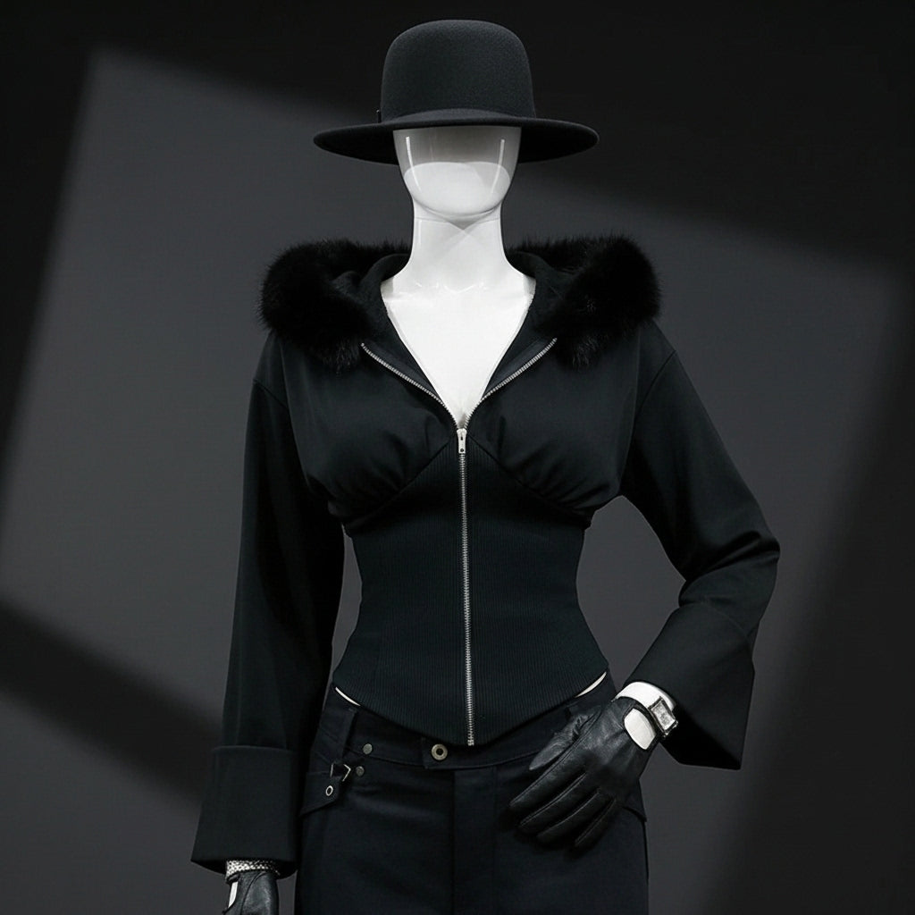 Goth Dark Autumn Winter Faux Fur Collar Solid Hooded Coats Women Casual Slim Waist Zip Hoodies Gothic Jackets Chic Streetwear